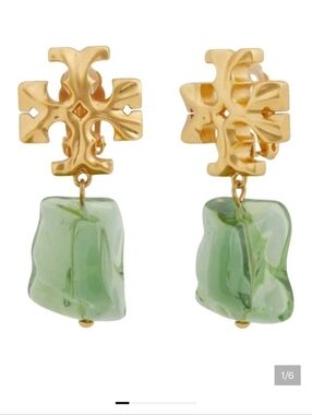 Tory Burch ROXANNE gold logo + green ice cube drop & dangle statement earrings